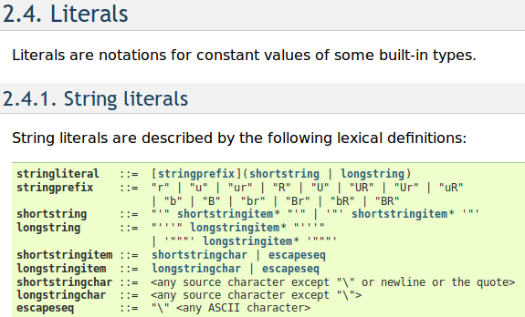 Literals and String Literals in the Documentation